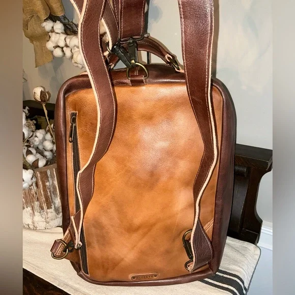 NWOT Bed Stu Leather Kamet Backpack Laptop Bag Tan Teak Rustic MSRP $599